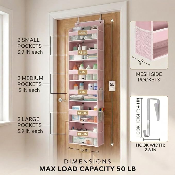 HOMELUX THEORY UPGRADED 6 Tiers Over The Door Organizer Hanging - 100D EXTRA THICK & 50lbs HUGE CAPACITY, 12 Side Mesh Pocket