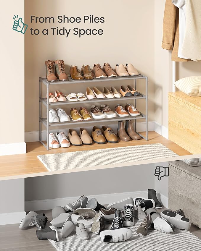 SONGMICS Shoe Rack, 3-Tier Shoe Organizer, Metal Storage Shelf, Upright or Upside Down, for 16-20 Pairs, Stackable, for Entry