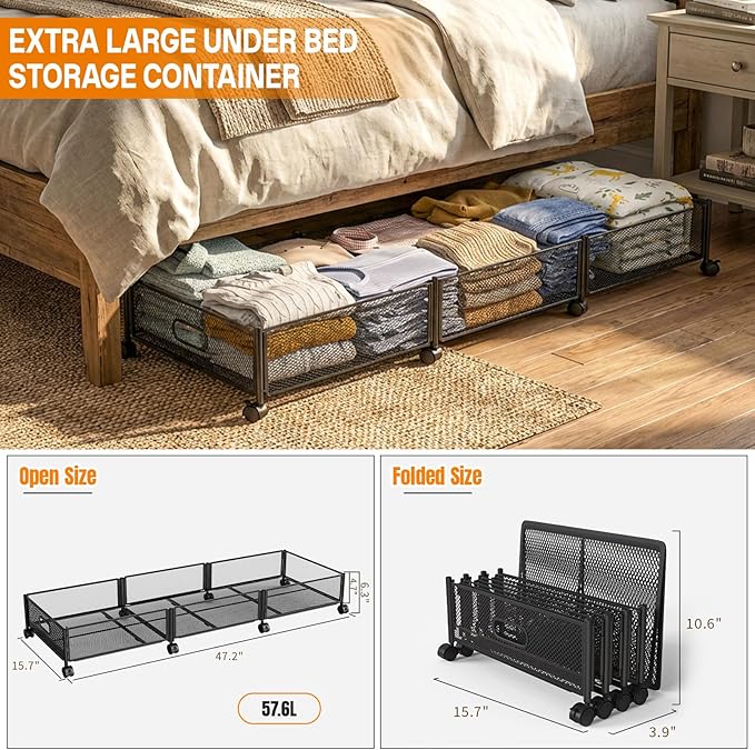 Under Bed Storage With Wheels, 47.2''/90lbs/57.6L, Metal Frame Under Bed Rolling Storage, Tool-Free Assembly Underbed Drawers