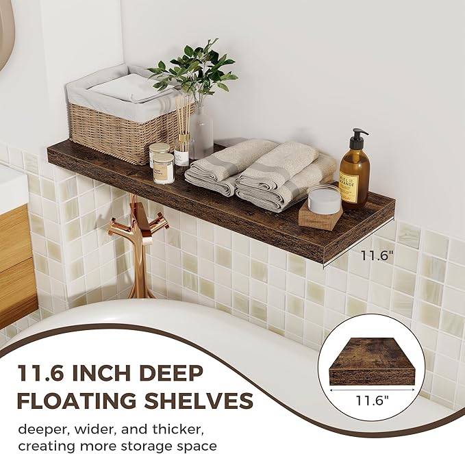 Fun Memories Deep Floating Shelves, 36" W x 12" D Wood Floating Shelves for Wall, 2 Pack Extra Deeper & Thicker Wall Mounted 