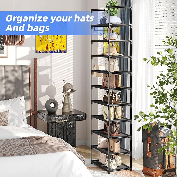 Simple Trending Tall Shoe Rack for Closet, 10 Tiers Narrow Shoe Shelf Holds 20 Pairs, Shoe Organizer Storage with Hooks, Blac