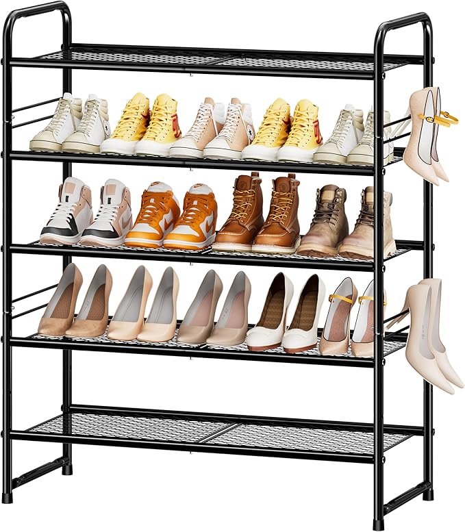 SUFAUY Shoe Rack, 5-Tier 33" Wide Shoe Storage Rack for 24-30 Pairs of Shoes, Mesh Shoe Organizer for Entryway Closet, Steel 