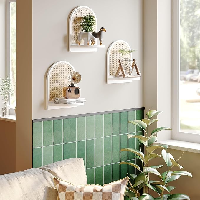 Rattan Wall Shelf Set of 3, 7''White Rattan Shelves with Wicker Decor, Boho Decor Small Floating Shelves for Wall, Arched She