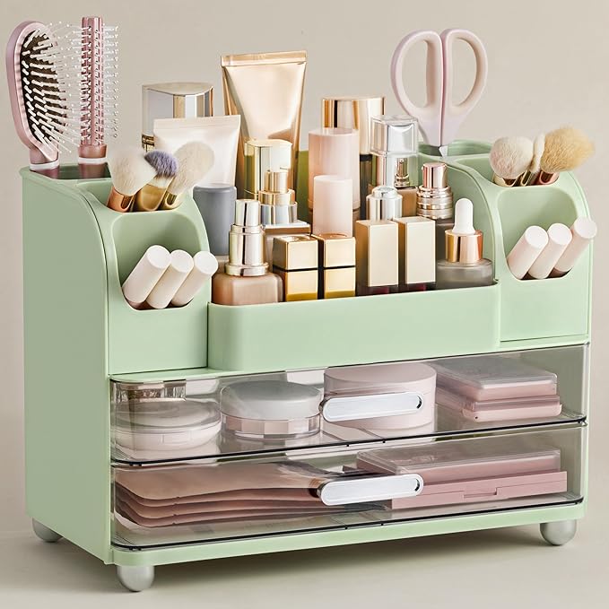 HBlife Makeup Organizer for Vanity with Brush Holder, Large Bathroom Countertop Cosmetic Organizer Skin Care Storage, Easy to