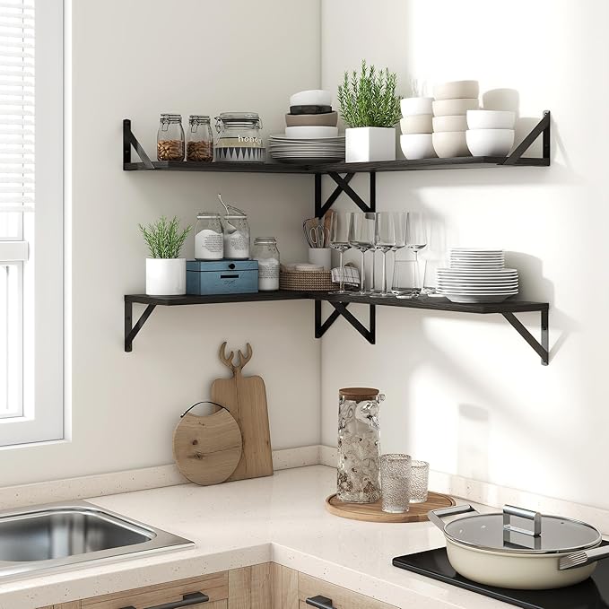 Axeman 48 Inch Floating Shelves | 8 Inch Deep Black Wall Shelves Set of 2 | 47.3" W x 8" D Rustic Black Wood Shelves for Bath