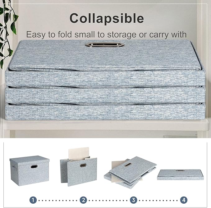 Graciadeco Large 17" 36 Quart Collapsible Stackable Storage Bins with Lids, 3 Packs Blue-Grey Linen Fabric Closet Boxes with 