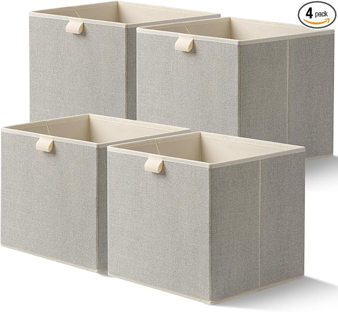 Storage Baskets, 11.8-Inch Woven Fabric Bins, Storage Cubes with Reinforced Handles, Organizer Bins for Closet Shelves, Folda
