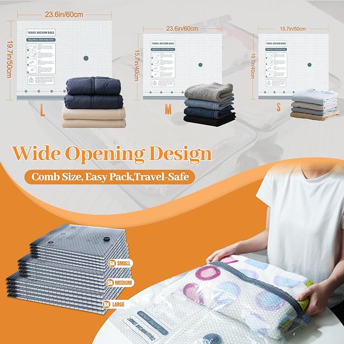 Travel Vacuum Seal Bags for Clothing with Portable Electric Pump, 15 Pack Space Saver Vacuum Storage Bag, Compression Packing