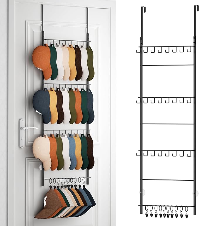 HapiRm Over the Door Hat Organizer - 4 Tier Wall Mounted Hat Rack with 24 Hooks and 10 Movable Clips, Hanging Baseball Cap Or