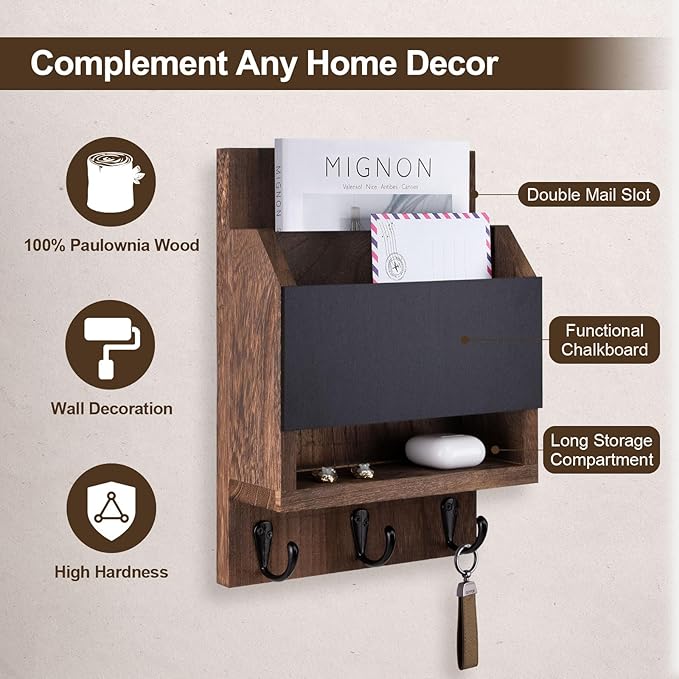 Key and Mail Holder for Wall, Key Holder with Chalkboard and Long Storage Box, Key Hanger with 3 Sturdy Hooks for Coat, Dog L