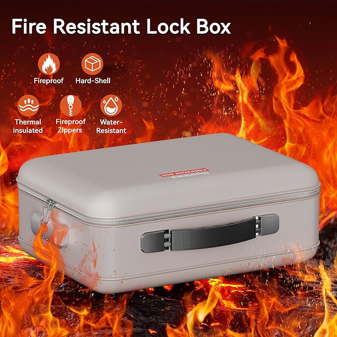 Fireproof Document Box, Hard Case Fireproof Box with Lock, Portable Hard-Shell Fireproof Water Resistant Document Safe for Im