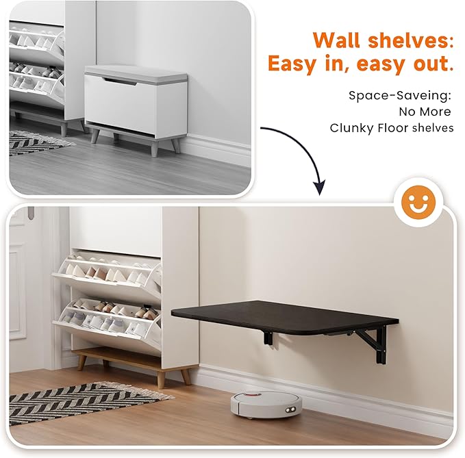Foldable Floating Wall Shelves 20 inch, Bathroom Shelves Wall Mounted,12" Deep Wood Floating Kitchen shelves,Easy to Install 