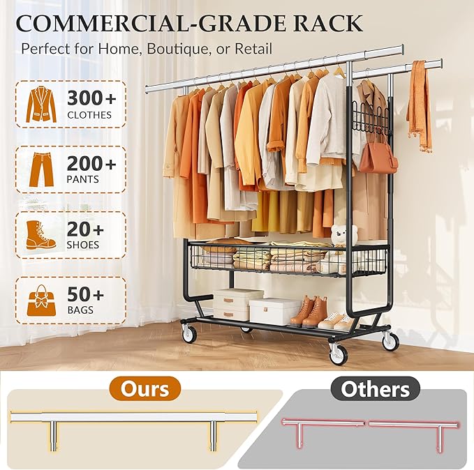 Gewudraw Heavy Duty Clothes Rack with Metal Basket, 1060 LBS Rolling Double Rod Garment Rack, Portable Extendable Clothing Ra