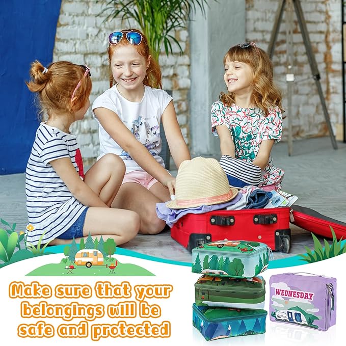 Paterr 7 Pcs Packing Cubes for Travel Kids Days of Week Compression Packing Cubes Colorful Luggage Organizers Suitcase Camp (