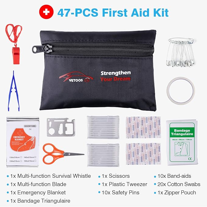 Vetoos Car Roadside Emergency Kit with Jumper Cables, Auto Vehicle Safety Road Side Assistance Kits, Winter Car Kit Essential