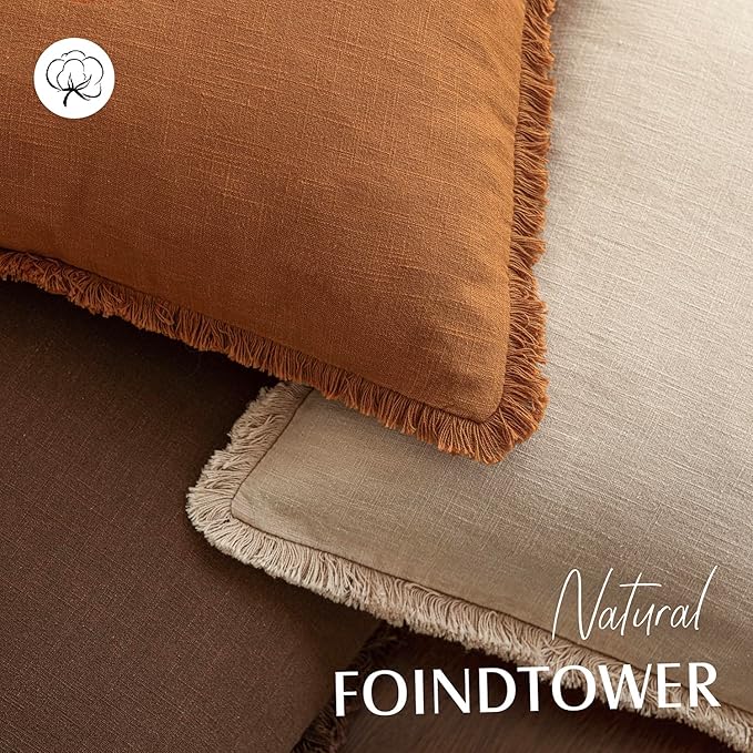 Foindtower Set of 2 Decorative Linen Fringe Lumbar Throw Pillow Covers Boho Farmhouse Cushion Cover with Tassels Soft Accent 