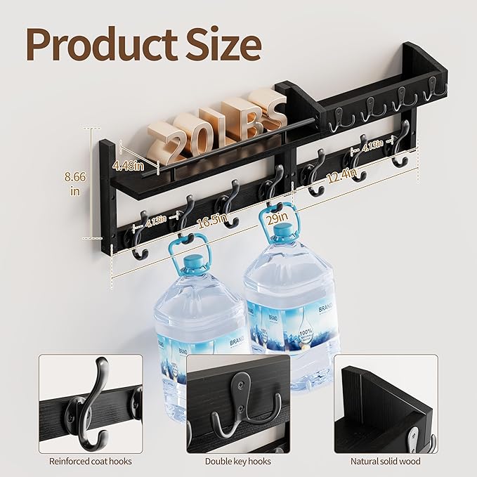29 inch Coat Rack Wall Mount with Shelf, Set of 2 Heavy Duty Coat Hooks Wall Mount, Entryway Coat Hanger Wall Shelf with Key 