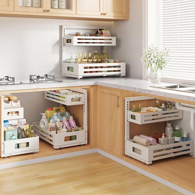 2 Pack 17IN-Depth Under Sink Organizer,Pull Out Cabinet Organizer With Smooth Cylindrical Rail,Metal Slide Out Drawer for Kit