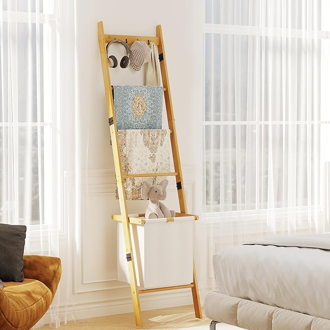 BAMBANG Bamboo Blanket Ladder with Basket, 5-Tier Quilt Rack Stand with 4 Hooks & Storage Hamper for Living Room Bathroom, Wa