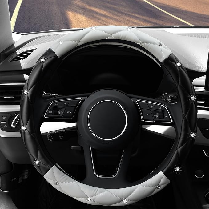 YOGURTCK Cute Diamond Soft Leather Anti-Slip Steering Wheel Cover with Bling Bling Crystal Rhinestones, Universal 15 Inch for