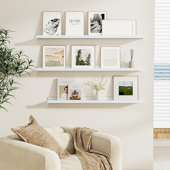 Fun Memories Picture Ledge Shelf, White Floating Shelves Set of 4, 36 Inch Picture Shelves for Wall with Ledge, Large Nursery