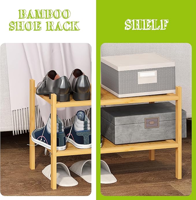 BMOSU 2-Tier Bamboo Small Shoe Rack Premium Stackable Shoe Shelf Storage Organizer for Hallway Closet Living Room Entryway Or