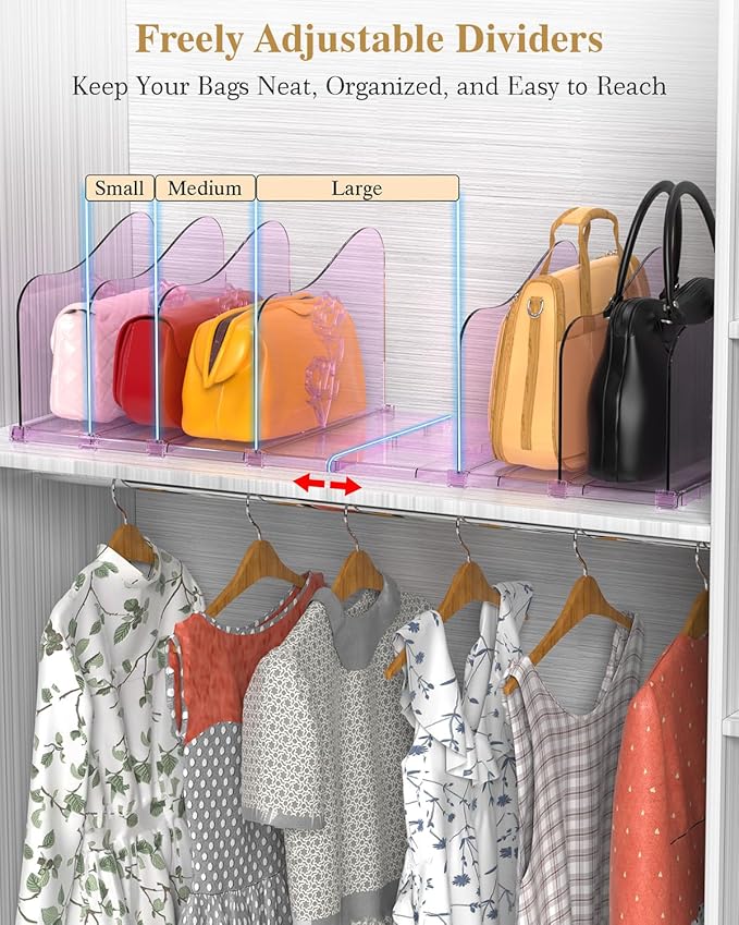 SURETIVIAN Rose Purse Dividers for Closet, 2 Pack Clear Clutch Purse Closet Organizers, Adjustable Handbag Storage Organizers