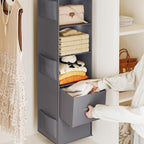 YOUDENOVA Hanging Closet Organizer, 5 Tier Hanging Closet Shelves with 6 Side Pockets and 2 Drawers, Grey
