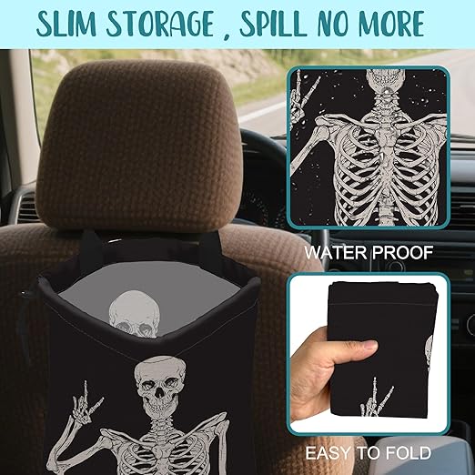 Car Garbage Bag Human Skeleton Posing Hanging Canvas Car Trash Bag Waterproof Drawstring Car Back Seat Organizer for Car Back Front Seat Console with Adjustable Buckle