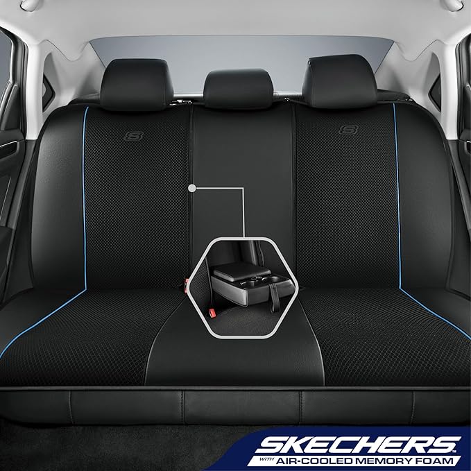 Skechers Air-Cooled Memory Foam Seat Covers,Mesh Thick Car Seat Covers,Piping Leather Car Seat Cover,Airbag Compatible,Automo