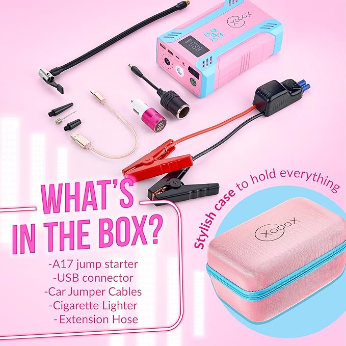 XoooX A17 Portable Car Jump Starter Kit with Built-in Tire Pump; Jumper Cables with 12V Jump Start Battery Pack; Portable Battery Charger for USB/USB-C Devices; LED Light and Hard Case