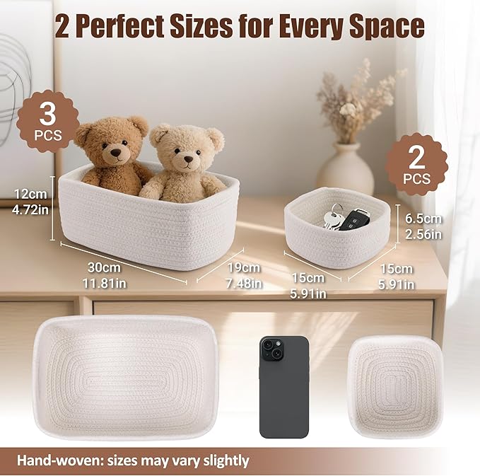 5-Pack Small Woven Rope Storage Baskets – 2 Sizes Organizer Bins for Closet, Shelf, Bookshelf, Nursery, Changing Table, Fabri