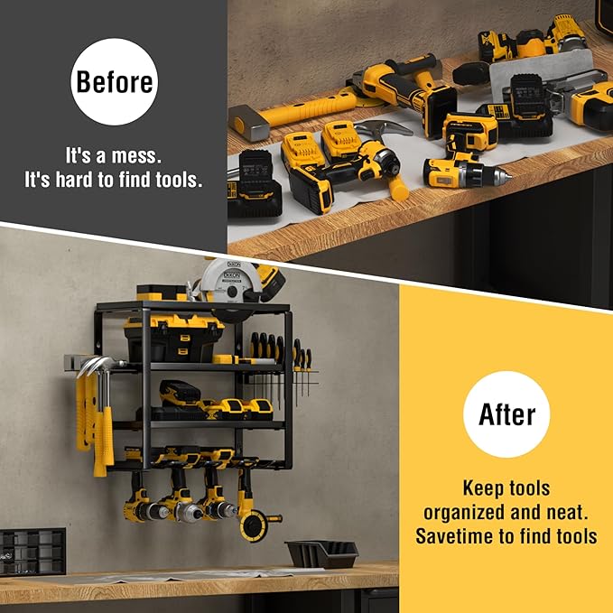 YYR 4 Layer Power Tool Organizer Wall Mount, Cordless Drill Hanger Storage Rack, Battery Tools Holder with Charging Station S