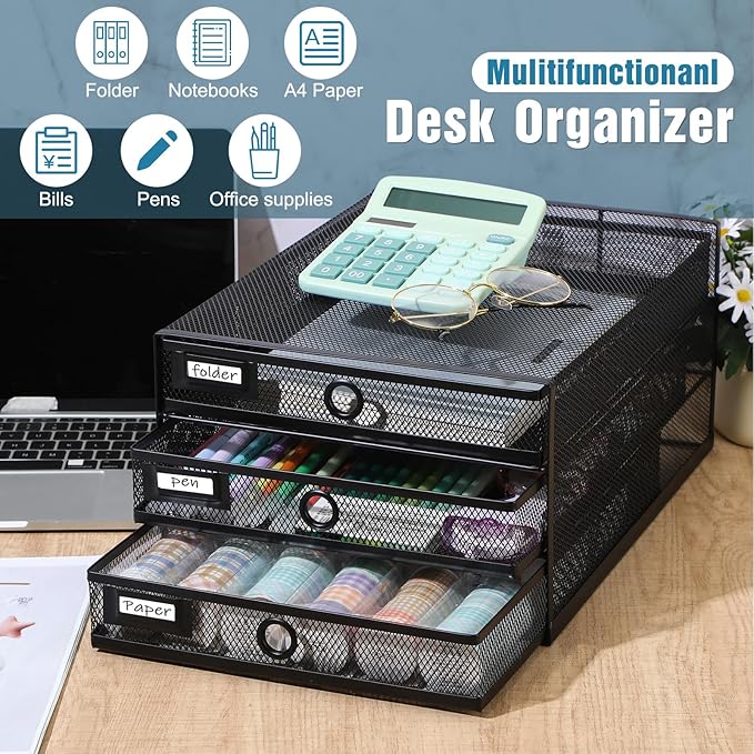 Zhanmai 1 Pack Black Desk Organizer with Drawer Total Wire Mesh Storage Tray Multifunctional Paper Sorter File Stand for Home