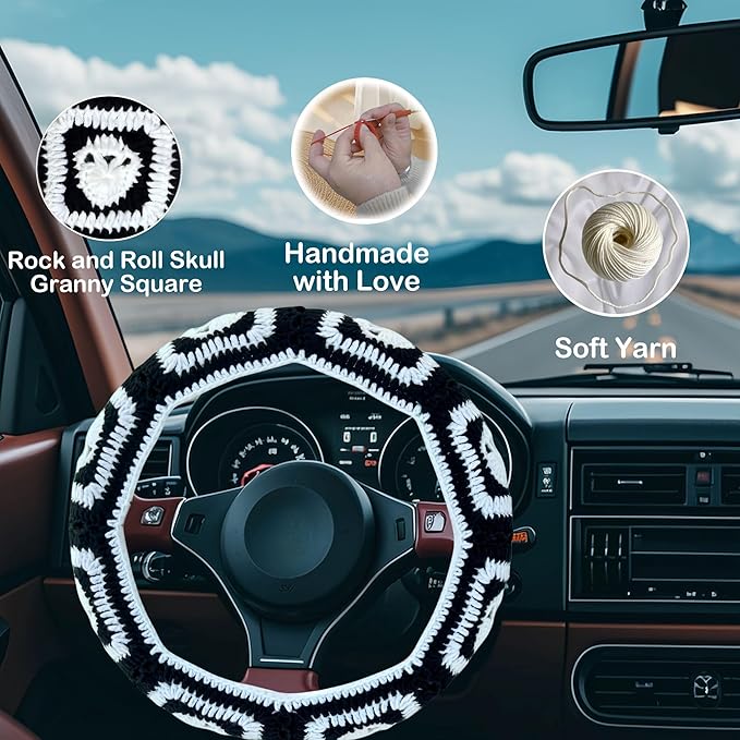Crochet Steering Wheel Cover,Handmade Rock and Roll Skull Steering Wheel Cover, Skull Wheel Covers Cool Girl & Men, Skeleton Wheel Covers 14-15 in (Wheel Cover Set)