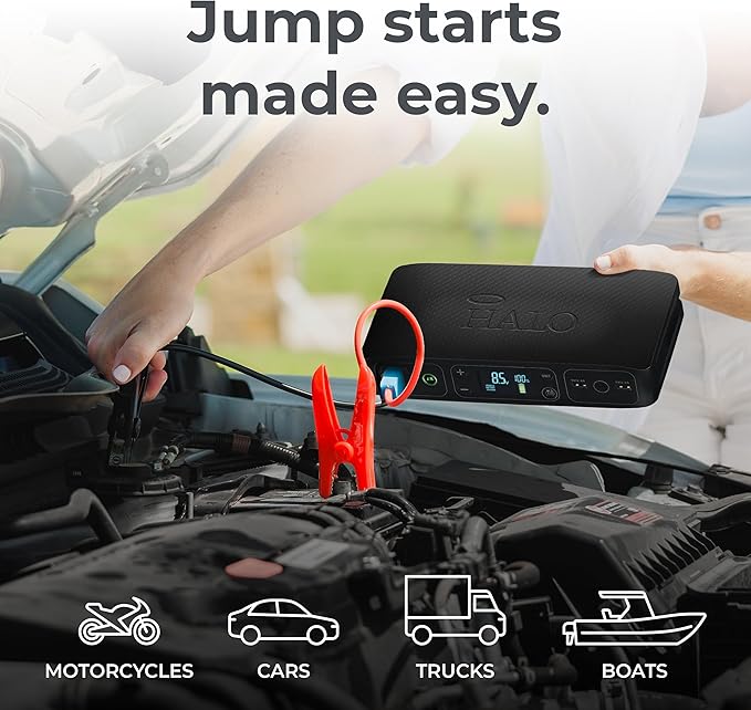 HALO Bolt Air 58830 Portable Car Battery Jump Starter | 100 PSI Air Compressor, 58.8Wh USB Power Bank, Emergency Floodlight