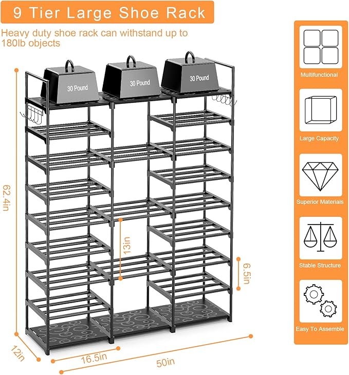 Kottwca 9-Tier Metal Shoe Rack Organizer for 50-55 Pairs - Space Saving Shoe Storage Shelf for Entryway, Closet, Bedroom, Hal
