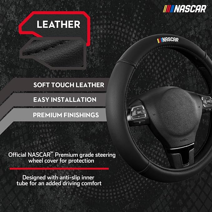 NASCAR Steering Wheel Cover, Two-Tone Black Leather Patchwork, Universal Fit 14.5"-15.5" Steering Covers for Cars, Anti-Slip,