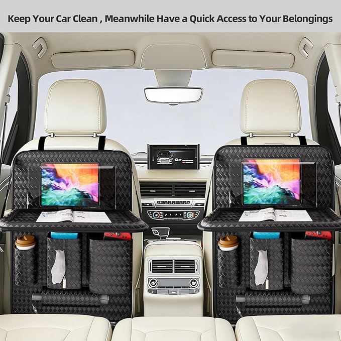 Car Back Seat Organizer, Black Woven Leather Storage Bag, Multifunctional Rear Seat Protector with Tablet Holder, 25.2x17.7 Inches, Abrasion Resistant (black)