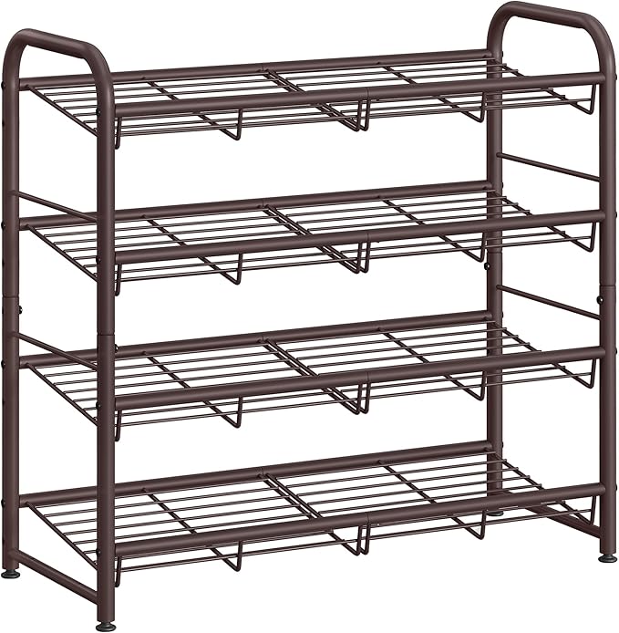 SONGMICS Stackable Shoe Rack, 4 Tier Metal Shoes Rack Storage Shelf, Holds up to 16 Pairs Shoes, Adjustable Slanted Shelves T