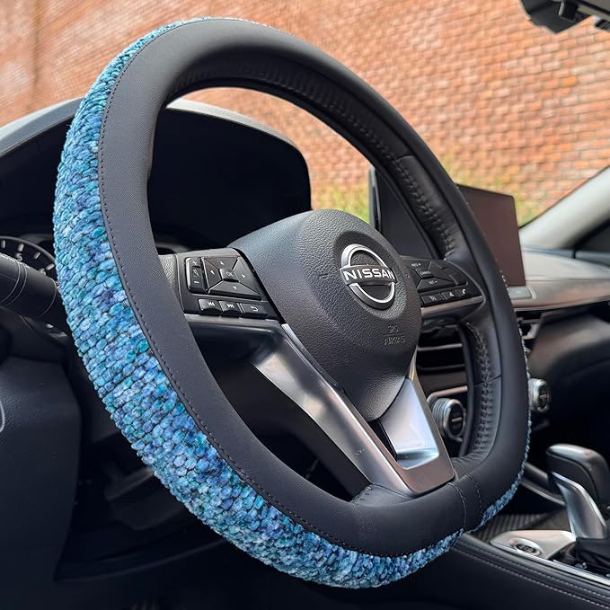 PINCTROT D Shaped Chenille Leather Steering Wheel Cover, Soft Mottled Colors, Sweat-Proof, Non-Slip Grip, All-Season Comfort,