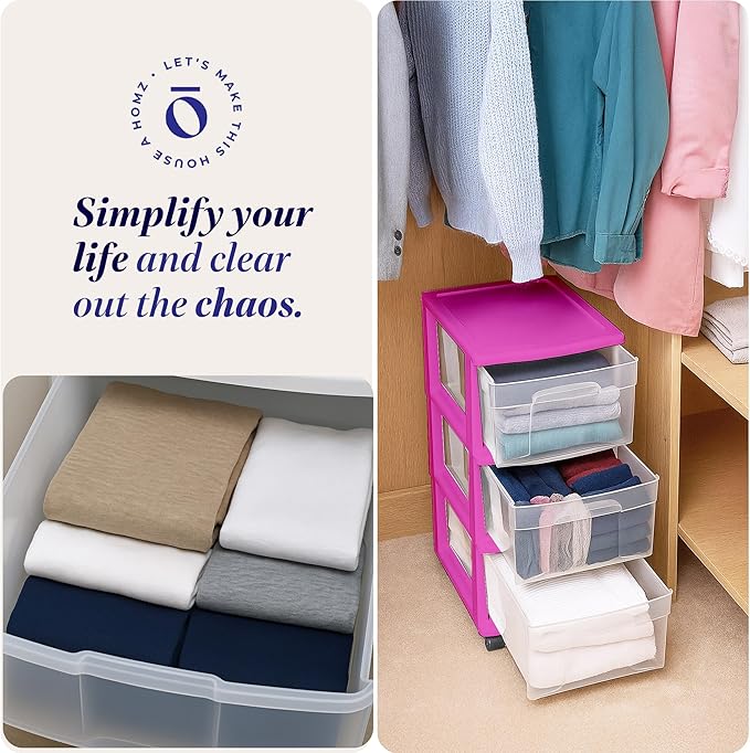 HOMZ Drawer Tower, 3-Tier Clear Plastic Storage Organizer Cart, Purple Frame - Rolling Drawer Containers with Wheels for Bath
