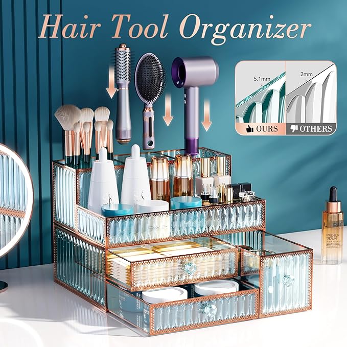 Makeup Organizer Countertop - Tempered Glass Vanity Organizer for Cosmetics, Skincare, Hair Tools, Brushes, Perfume - Multipu