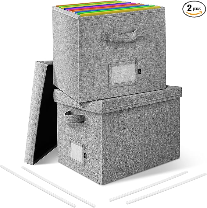 File Organizer Boxes with Lid, Linen Hanging File Storage Boxes with Handle, Collapsible Document Filling Boxes for Letter/Le
