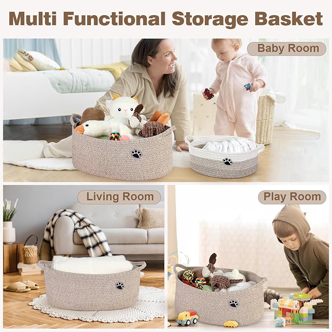 Optish Dog Toy Basket, Toy Box and Bin for Dog Cat Storage, 19.7" X 11" X 7.9" (30L) Large Woven Rope Basket for Blanket Stor