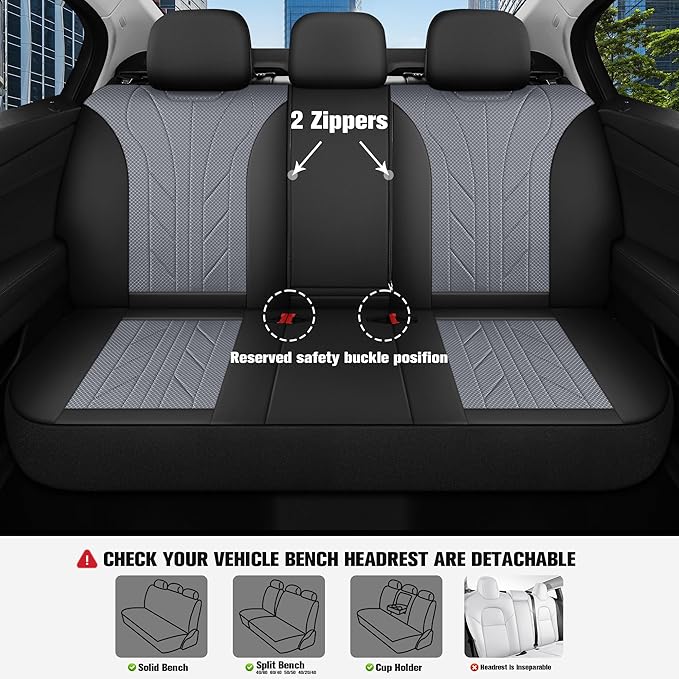CAROMOP Luxury Faux Leather&Fabric Car Seat Covers Full Set with Breathable 3D Foam Back Support,Universal Comfortable Seat C