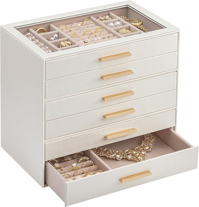 Lolalet Jewelry Box Organizer, 6-Layer Jewelry Organizers and Storage Case with Glass Lid, Ring Earring Bracelet Necklace Hol