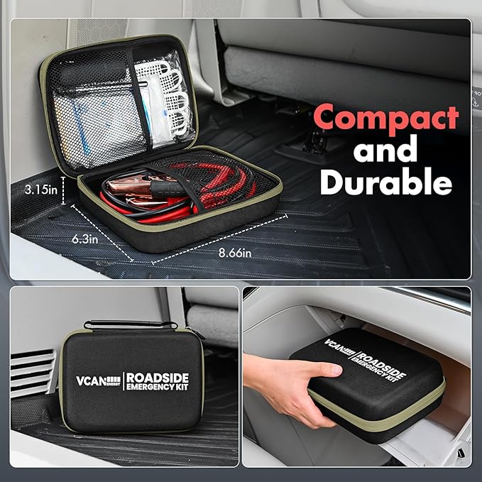 Car Emergency Safety Kit Bag with Jumper Cables, Tire Pressure Gauge, Auto Vehicle Safety Road Side Assistance Kits Essential