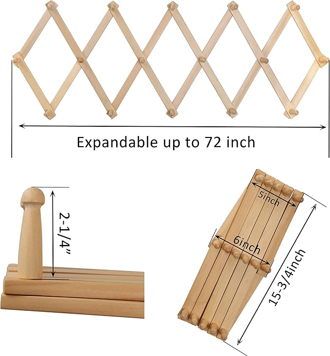 WEBI Accordion Wall Hanger,Expandable Wooden Coat Rack Wall Mounted,Accordion Hat Rack for Wall Rack for Hats,Caps,16 Peg Hoo