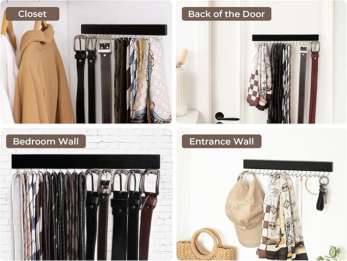 StorageWorks Tie Rack with 20 Hooks, 2-Pack Wall-Mounted Wooden Hangers for Neckties, Belts, Hats, Black